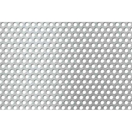 Lamiera forata in alluminio (lega 1050) dalle dimensioni 125x250cm, spessore 0,8mm, foro ø5mm, passo 8mm a 60°
