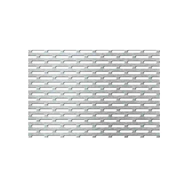 Lamiera forata in fe (acciaio comune)  dalle dimensioni 100x200cm, spessore 1mm, foro asola 4x20mm, passo 12x24mm sfalzato