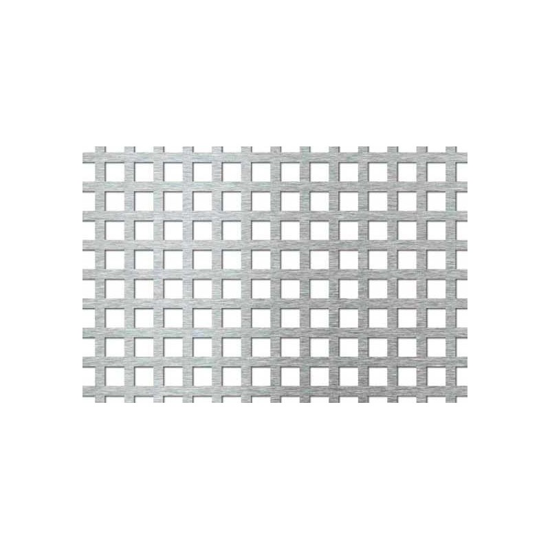 Lamiera forata in fe (acciaio comune) dalle dimensioni di 125x250cm, spessore 1,5mm, foro quadro 10x10mm, passo 15mm a 90°