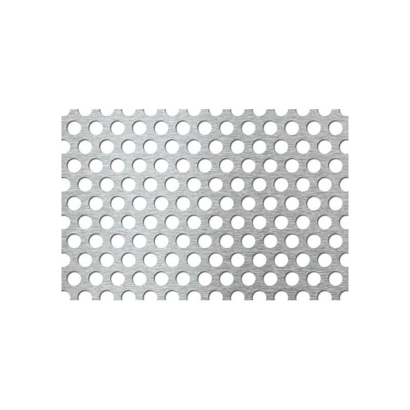 Lamiera forata in acciaio inox (aisi 304) dalle dimensioni di 100x200cm, spessore 1mm, foro ø10mm, passo 15mm a 60°